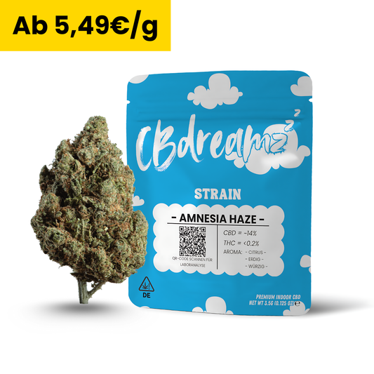 CBD-Blüte Amnesia Haze Indoor von CBDreamz, 3,5g Packung, unter 0,2 % THC