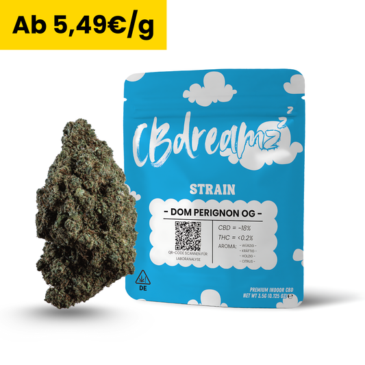CBD-Blüte Dom Perignon Indoor von CBDreamz, 3,5g Packung, unter 0,2 % THC