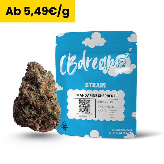 CBD-Blüte Mandarine Sherbet Indoor von CBDreamz, 3,5g Packung, unter 0,2 % THC